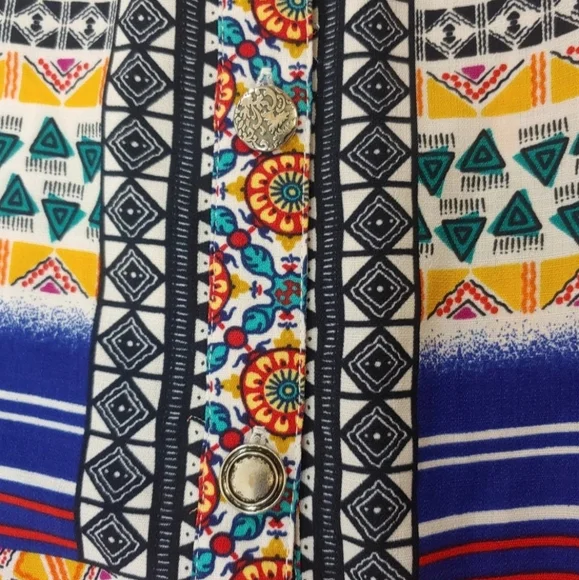 John Mark Boho Tunic Top Large Aztec Gauzy Embroidered Floral Striped Button - Picture 10 of 12